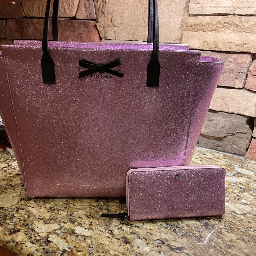 Kate spade pink glitter tote with wallet